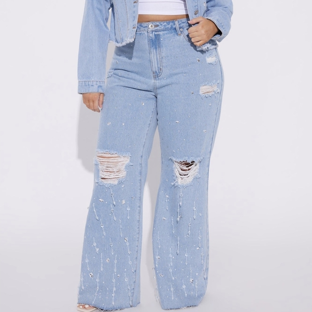 Fashion Nova Light Blue Distressed Flare Jeans